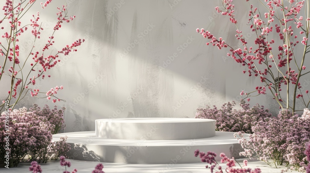 Poster Spring flower podium backdrop for product display. 3D rendering.