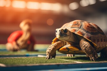 Two turtles competing in race on track, illustration of animal racing challenge.