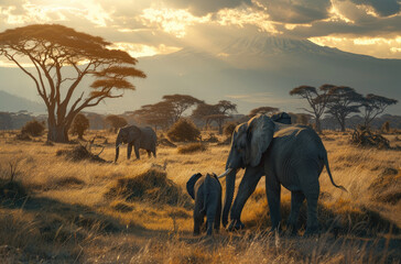 A mother elephant with her calf in the African savannah