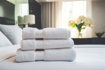 Obraz na płótnie Canvas Freshly folded white towels arranged neatly on bed in spacious bedroom with free copy space