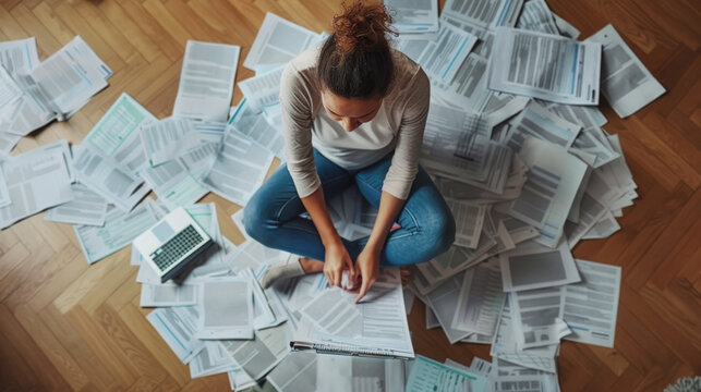 A woman sits cross-legged on the floor, surrounded by documents, focused on organizing paperwork with a calculator nearby