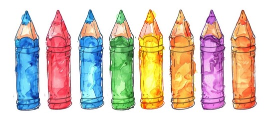 A row of colorful pencils of different lengths is neatly aligned on a white background, resembling a vibrant spectrum. Each pencil showcases a unique shade, creating a lively display - obrazy, fototapety, plakaty