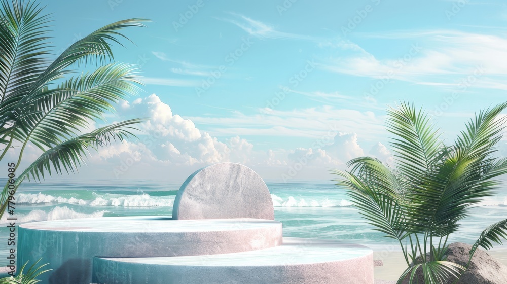 Aufkleber the rendering shows an abstract summer beach scene with a podium backdrop.