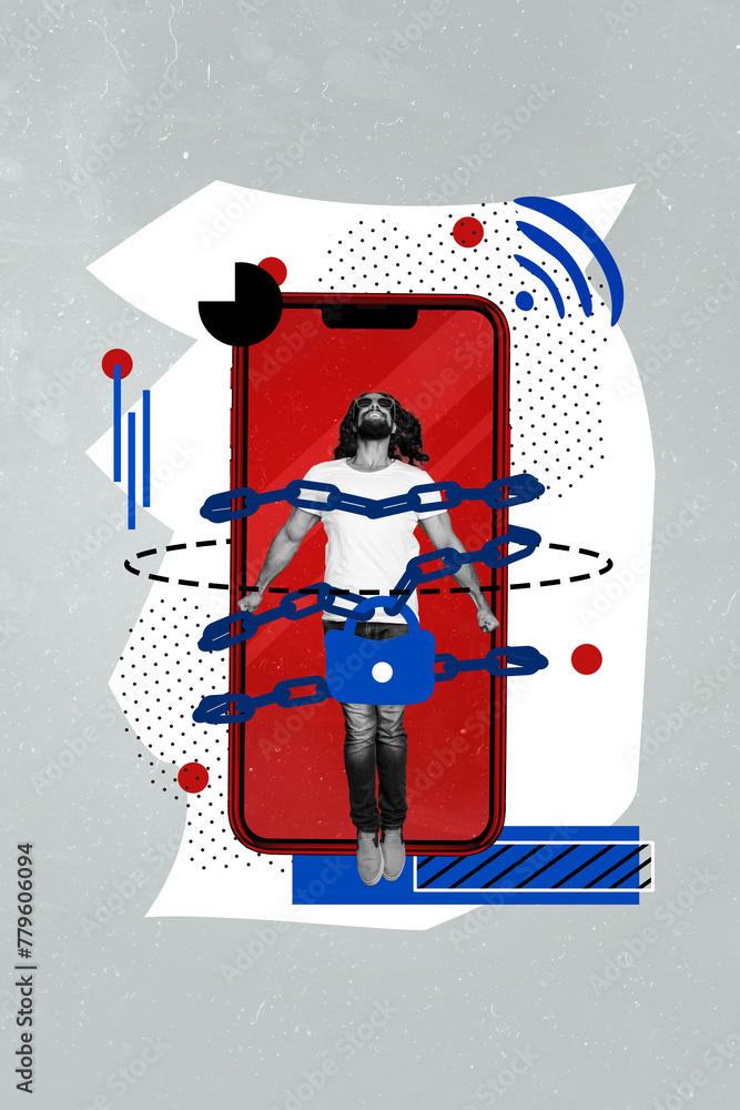 Poster vertical photo collage of hostage guy lie iphone screen chain dependence modern problem user technol