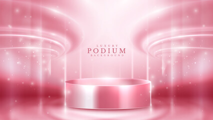 Pink Glowing Podium Bathed in Soft Light, Surrounded by Twinkling Sparkles, Ideal for Magical Product Showcasing. Luxury Background. Vector Illustration.