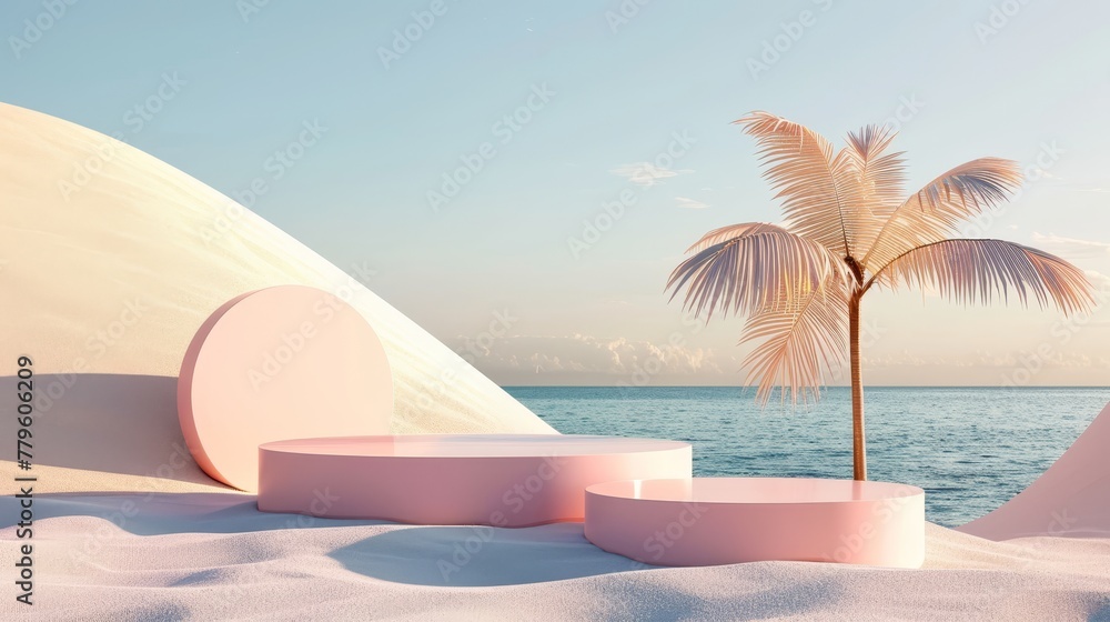 Aufkleber Three-dimensional rendering of an abstract summer beach scene with a podium backdrop.