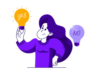 Young woman having a lot of ideas and choosing best one to solve some problem, vector illustration of a young person who is choosing between different ideas which one is working. - obrazy, fototapety, plakaty