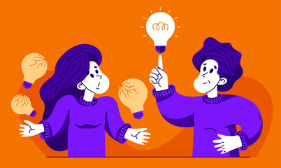 Young man shows a bright idea to a woman who has no working ideas, vector illustration of young people with a light bulb helping each other. - obrazy, fototapety, plakaty
