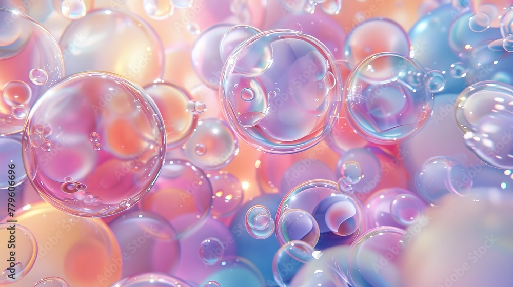 Fototapete three-dimensional art background. holographic floating liquid blobs, soap bubbles, metaballs.