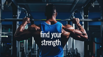 A man is energetically doing a back press exercise, showcasing his strength. The image includes motivational text that says Find Your Strength