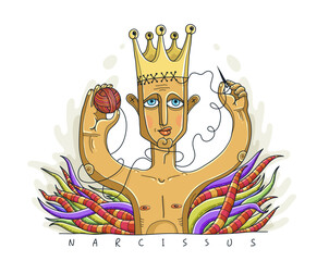 Narcissist man vector illustration, metaphor conceptual drawing of a young man wearing a crown symbolizing narcissism psychology disorder. - obrazy, fototapety, plakaty