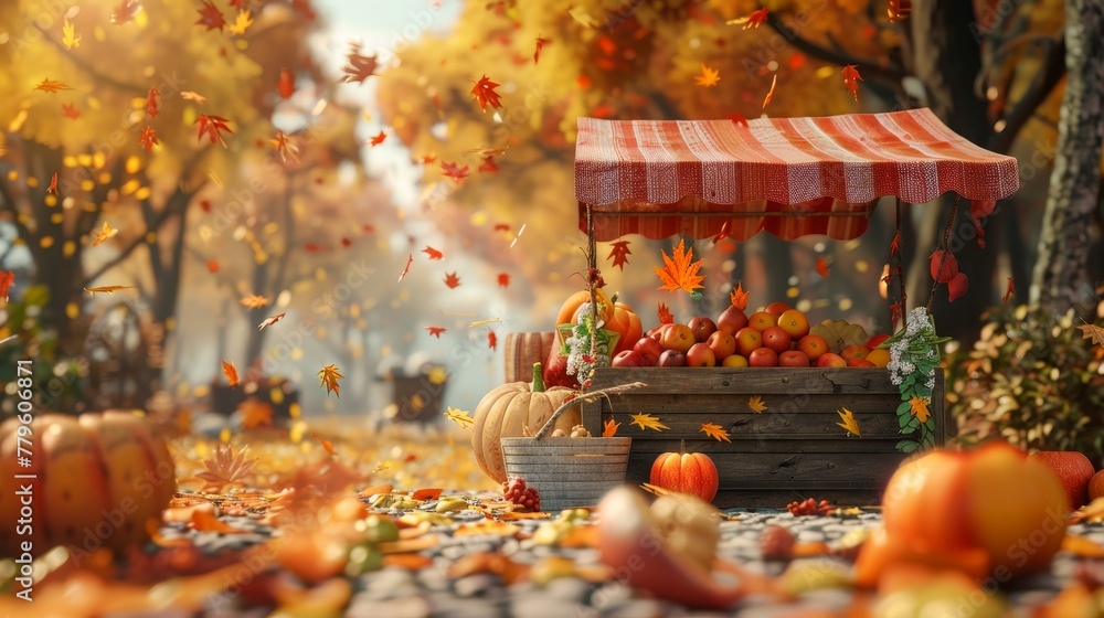 Poster an autumn scene featuring a product stand on a 3d rendered background.