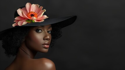 Graceful black woman in a stylish hat and flower, contrasted with a smooth black gradient backdrop