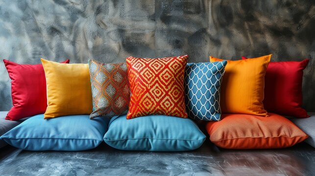 Colorful decorative cushions on modern sofa