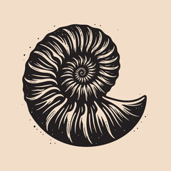 Ammonite mollusk fossil. Vintage retro engraving illustration. Black icon, isolated element  © Victoria