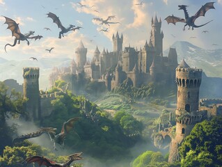 A fantasy scene with a castle and dragons flying around it. Scene is adventurous and exciting - obrazy, fototapety, plakaty