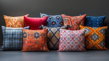 Colorful assorted decorative pillows on grey background