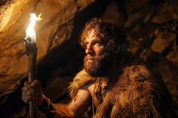 Prehistoric man homosapiens with a burning torch in a dark cave close up
