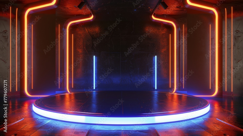 Leinwandbilder Stage with black background and neon light. Abstract futuristic background. 3D rendering.