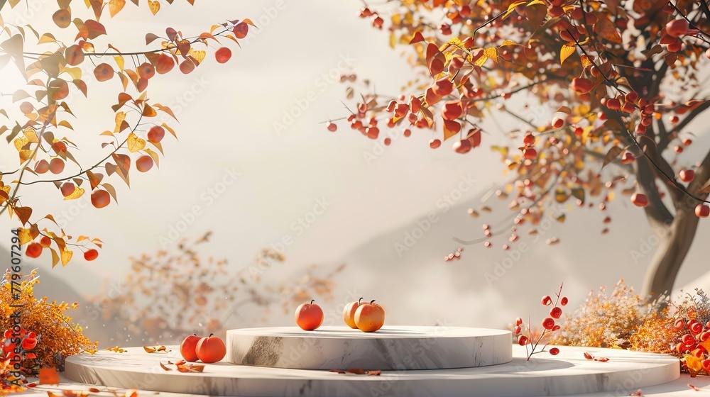 Poster landscape scene with a podium for displaying a product in autumn. 3d rendering.