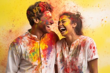 Fototapeta premium Indian couples dress up in this outfit on Holi to create a splash of color.