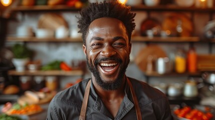 Joyful cook dancing in the kitchen. Cheerful man in an apron smiling while cooking or baking - obrazy, fototapety, plakaty