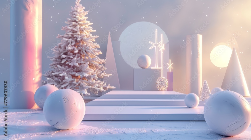 Poster abstract winter christmas scene with geometrical form. product stand. surreal backdrop. 3d rendering