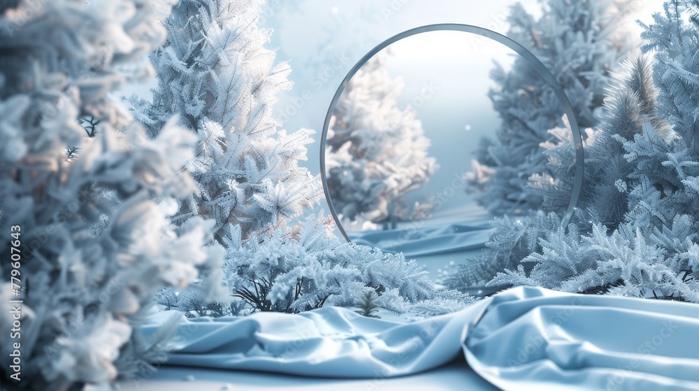 Poster an abstract winter christmas scene with a floating cloth and a surreal background. a 3d rendering is