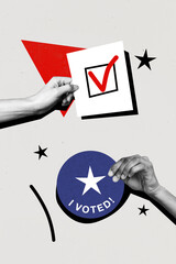 Vertical photo collage human hands hold voting checkbox approval acceptance election referendum...