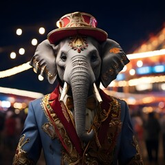 Anthropomorphic elephant at the carnival night - pastel colors and glitter.