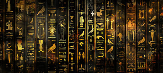 Ancient Egyptian hieroglyph drawings on black background 