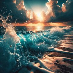 Beautiful seascape with waves at sunset. 3d rendering - obrazy, fototapety, plakaty