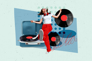Composite photo collage of happy girl dance headphones listen vinyl retro disk recorder vintage rarity music isolated on painted background