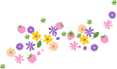 Colorful floral border. Purple and yellow simple summer flowers and strawberry - 779608404