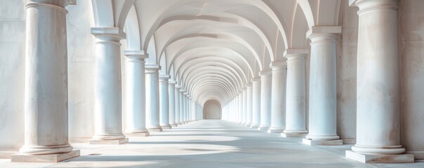 Serene white corridor with arches and columns