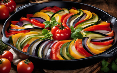 French ratatouille, colorful vegetable slices, cast iron dish, rustic wooden background
