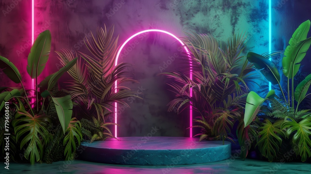 Poster backdrop for summer podium with tropical leaves and neon lights. 3d rendering.