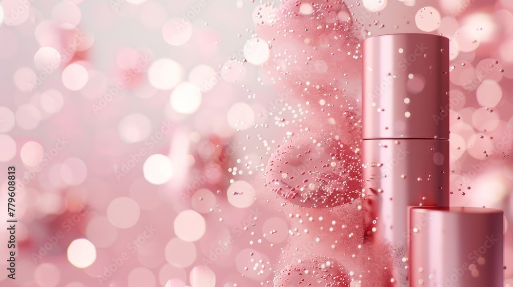 Poster bokeh-style cosmetic product background for display in 3d. top view.