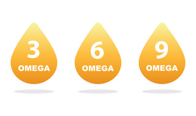 Omega 3, 6, 9 fatty acids. Three drops of polyunsaturated fatty acids. Vector illustration. - obrazy, fototapety, plakaty