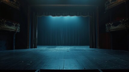 Majestic empty theater stage with blue curtain