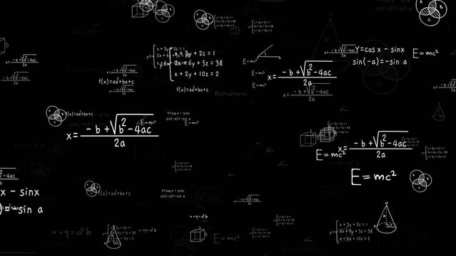 Math science formula mathematic equation calculation thinking loop endless animation black background 4k video 