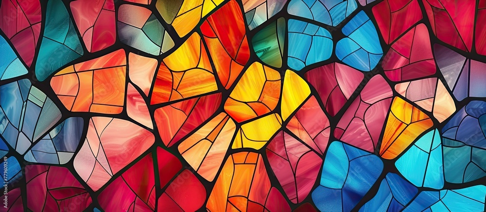 Poster a closeup of a vibrant stained glass window showcasing intricate patterns and a mix of tints and sha