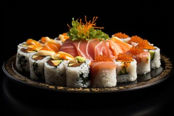 Hearty sushi on a porcelain platter against a dark background