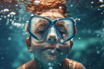 Obraz na płótnie Canvas Boy with mask for underwater swimming with bubbles in front underwater 