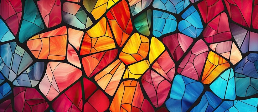 A closeup of a vibrant stained glass window showcasing intricate patterns and a mix of tints and shades, a beautiful piece of creative art and a remarkable building material