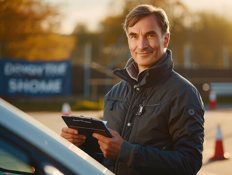 a driving instructor with a tablet stands near the car