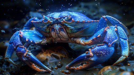 Striking blue crab captured in its natural underwater habitat, showcasing its vivid colors and details