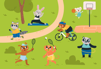 Obraz na płótnie Canvas Animal outdoor training. Cute animals doing different exercises, bicycle riding and play basketball. Seasonal rest in park or nature, classy vector scene