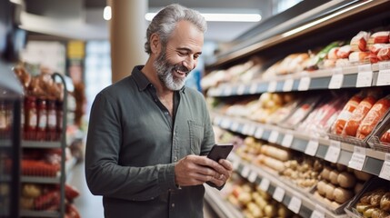  Middle-aged man looking at funny product pictures on a cell phone in a grocery store Relaxing atmosphere Exotic products