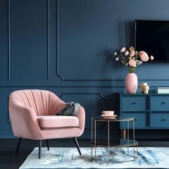 Elegant Living: TV Cabinet with Pink Armchair Against Dark Blue Wall